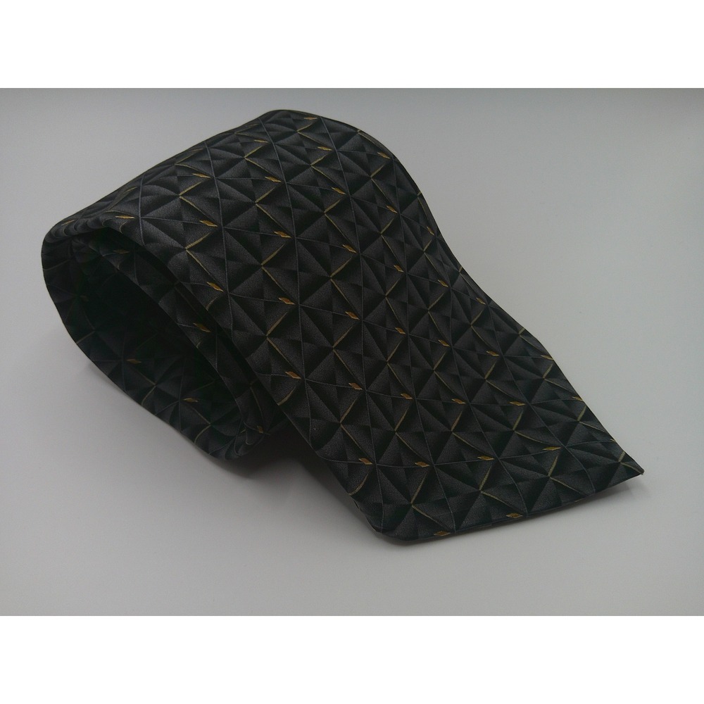 Bill Blass Mens Silk Necktie Charcoal Grey Geometric Pyramid Pattern Korean Made
